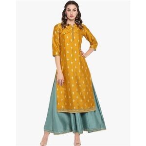 Janasya Indian Mustard Foil Printed Poly Silk Ethnic Dress XS